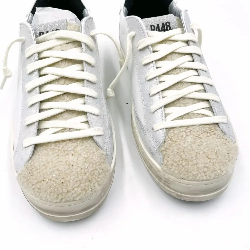 P448‎ John Lama Sneaker White Silver Lace Up Low Top Leather Sz 41 / 10.5